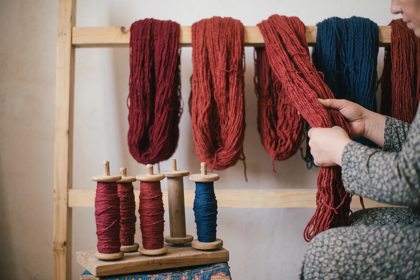 Skeins of hand-dyed wool in madder red, indigo blue and walnut brown
