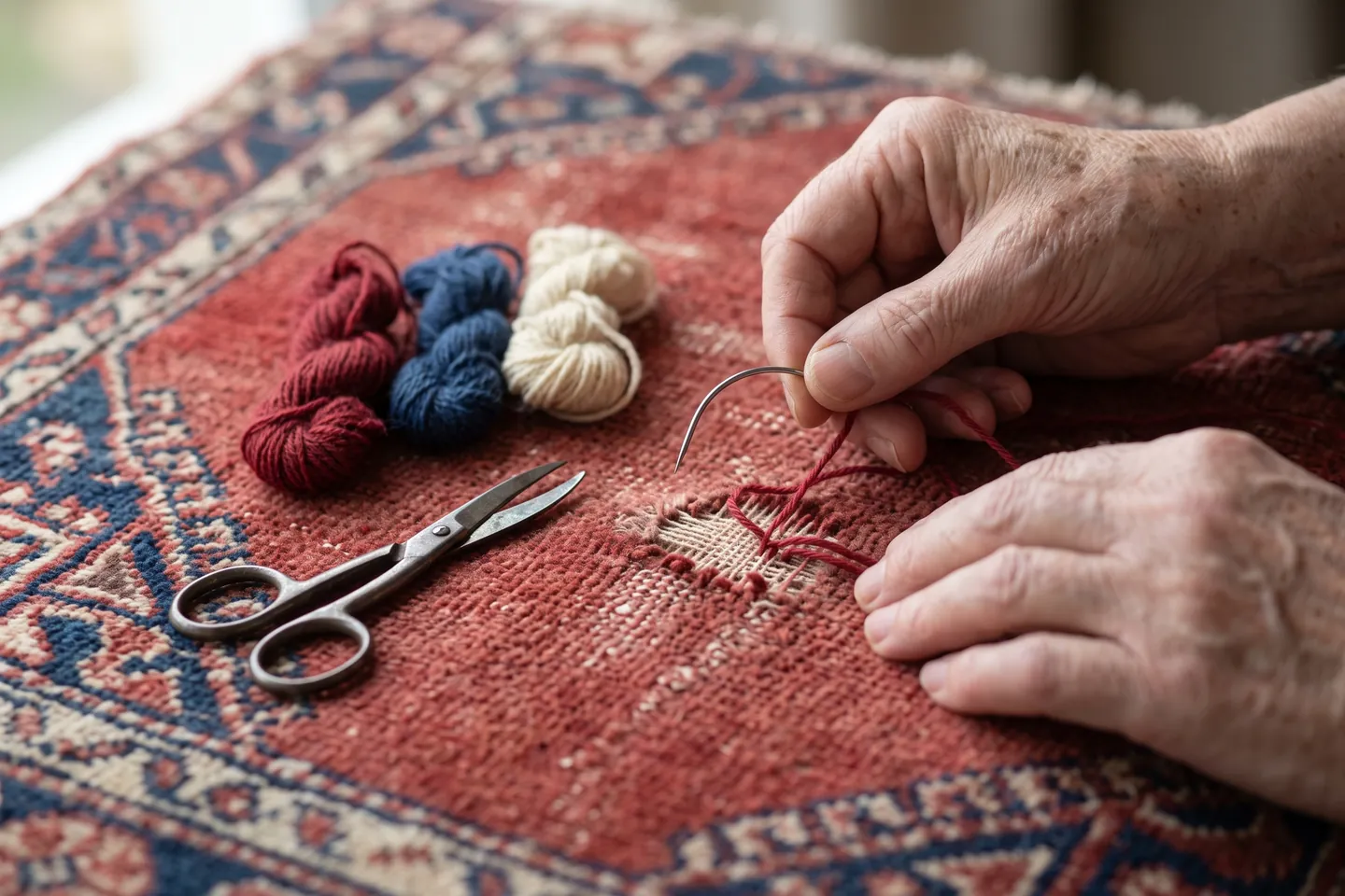 A restorer re-knotting a worn patch of an antique rug with wool dyed to match