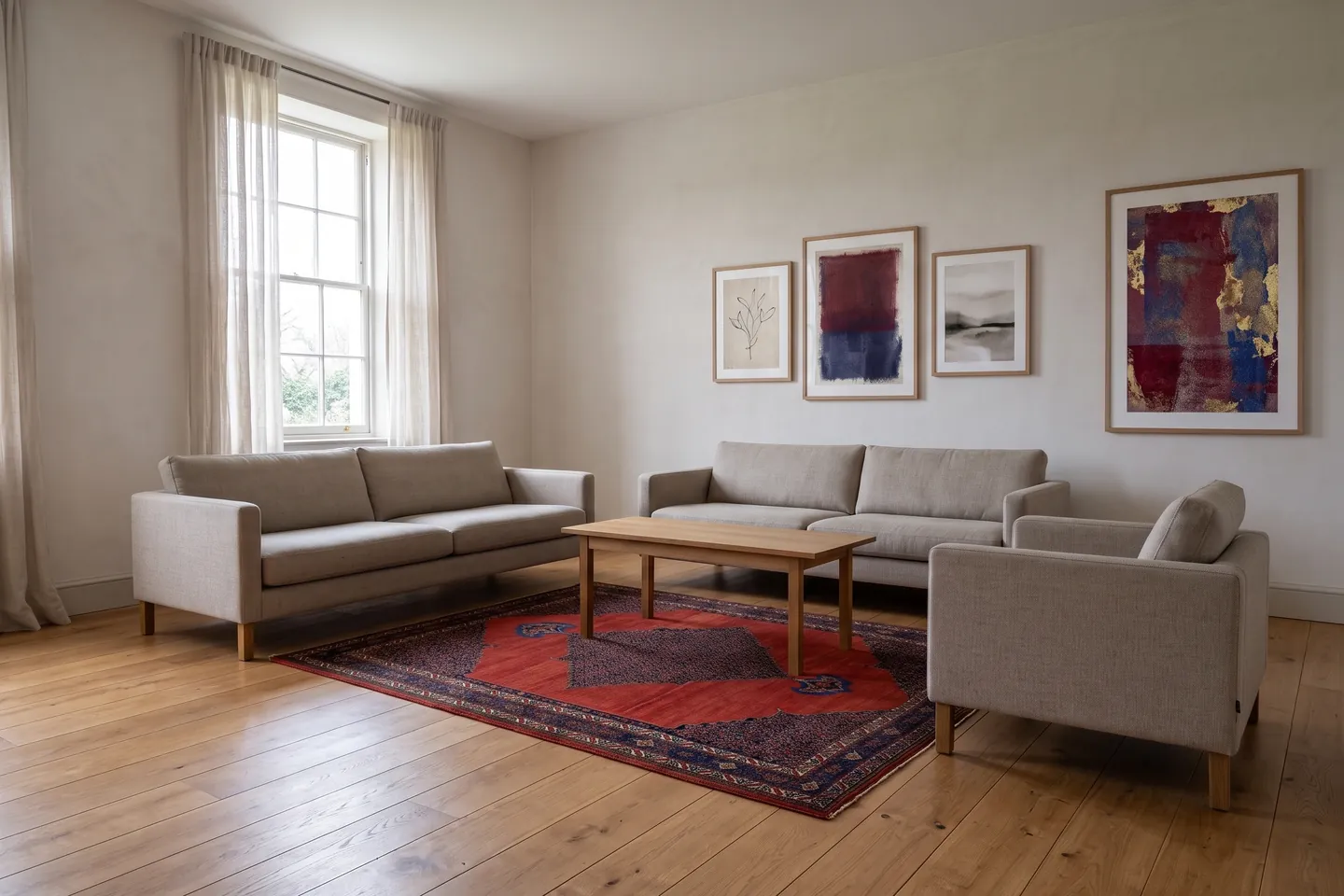 A living room where the rug floats between the furniture