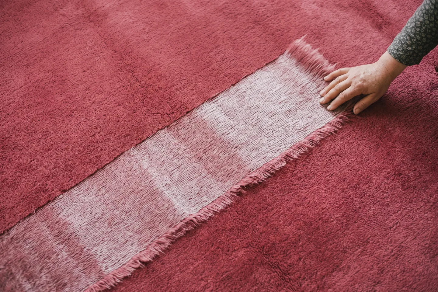 A rug pile catching the light along the direction of the nap
